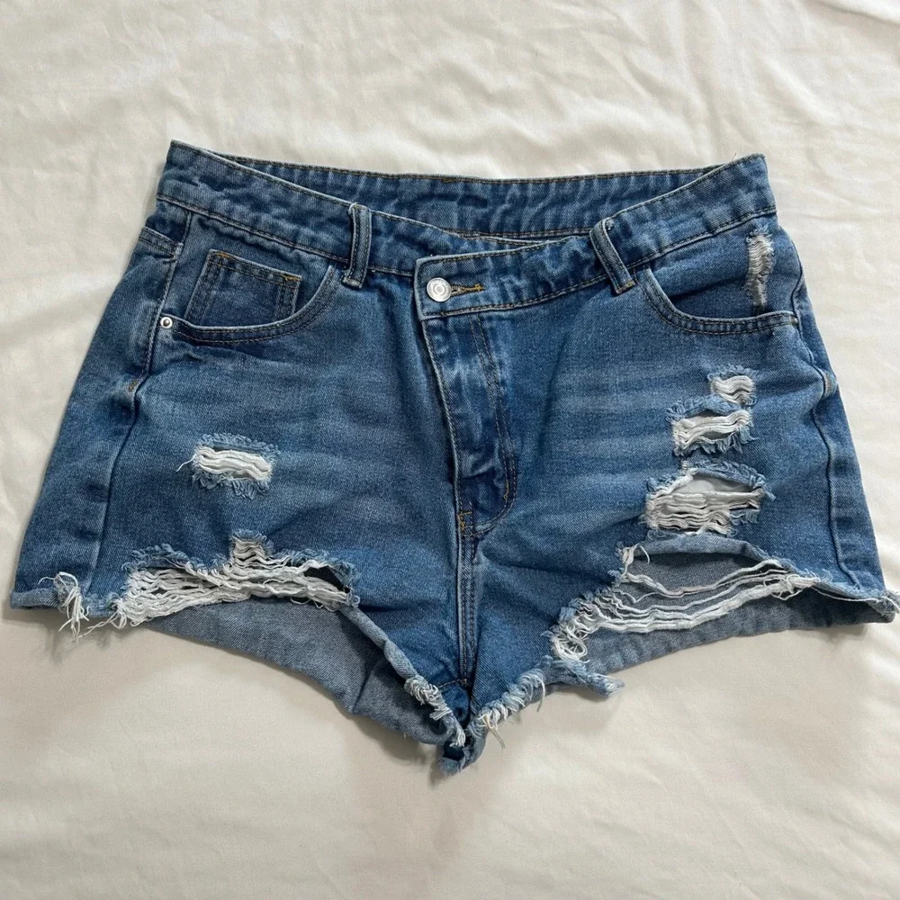 SHEIN Blue Distressed Denim Shorts Crossover Waist Asymmetrical Frayed Size L